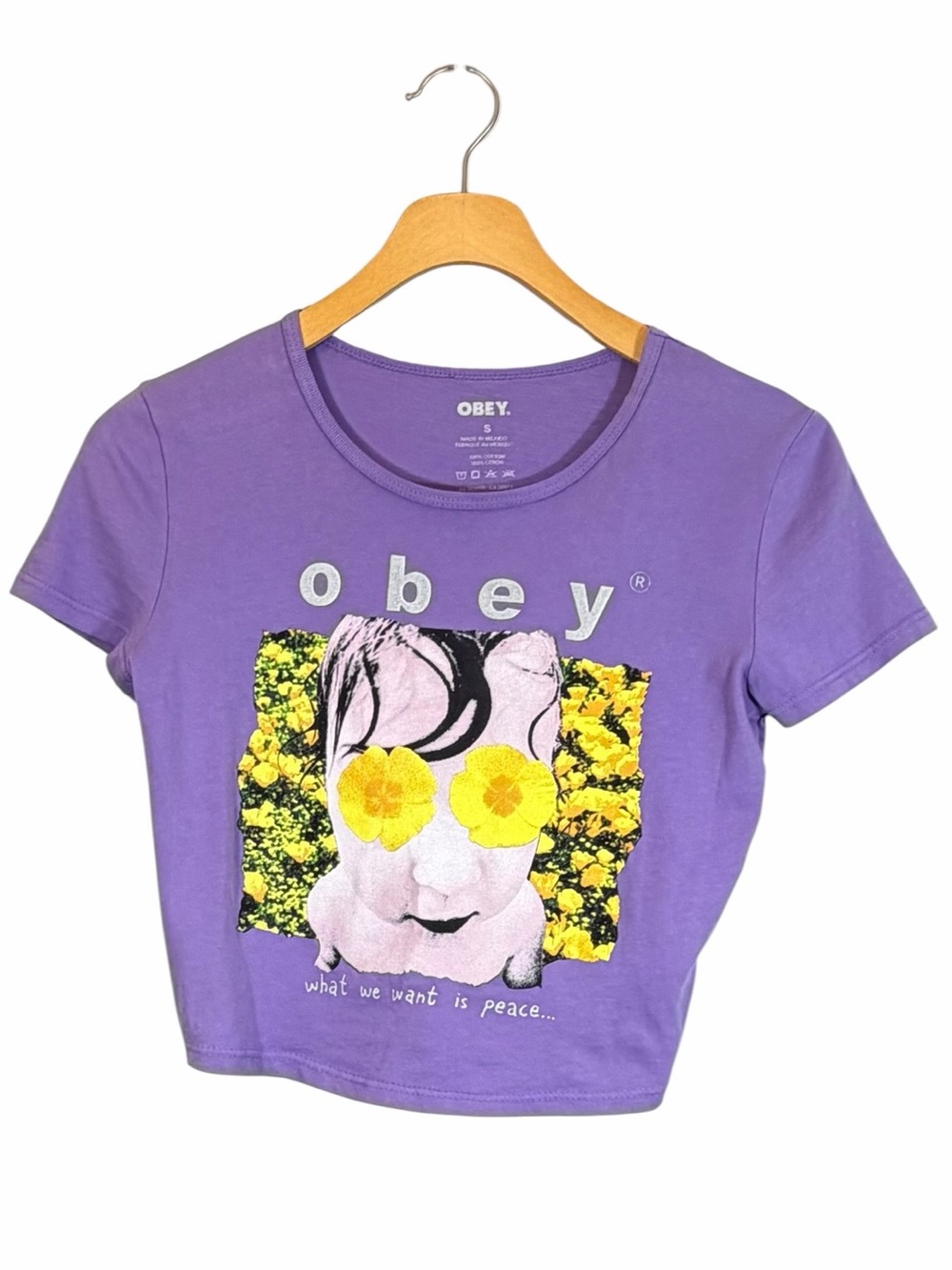 Obey Graphic Crop Baby Tee Size S Purple Yellow Streetwear Y2K Indie Sleaze